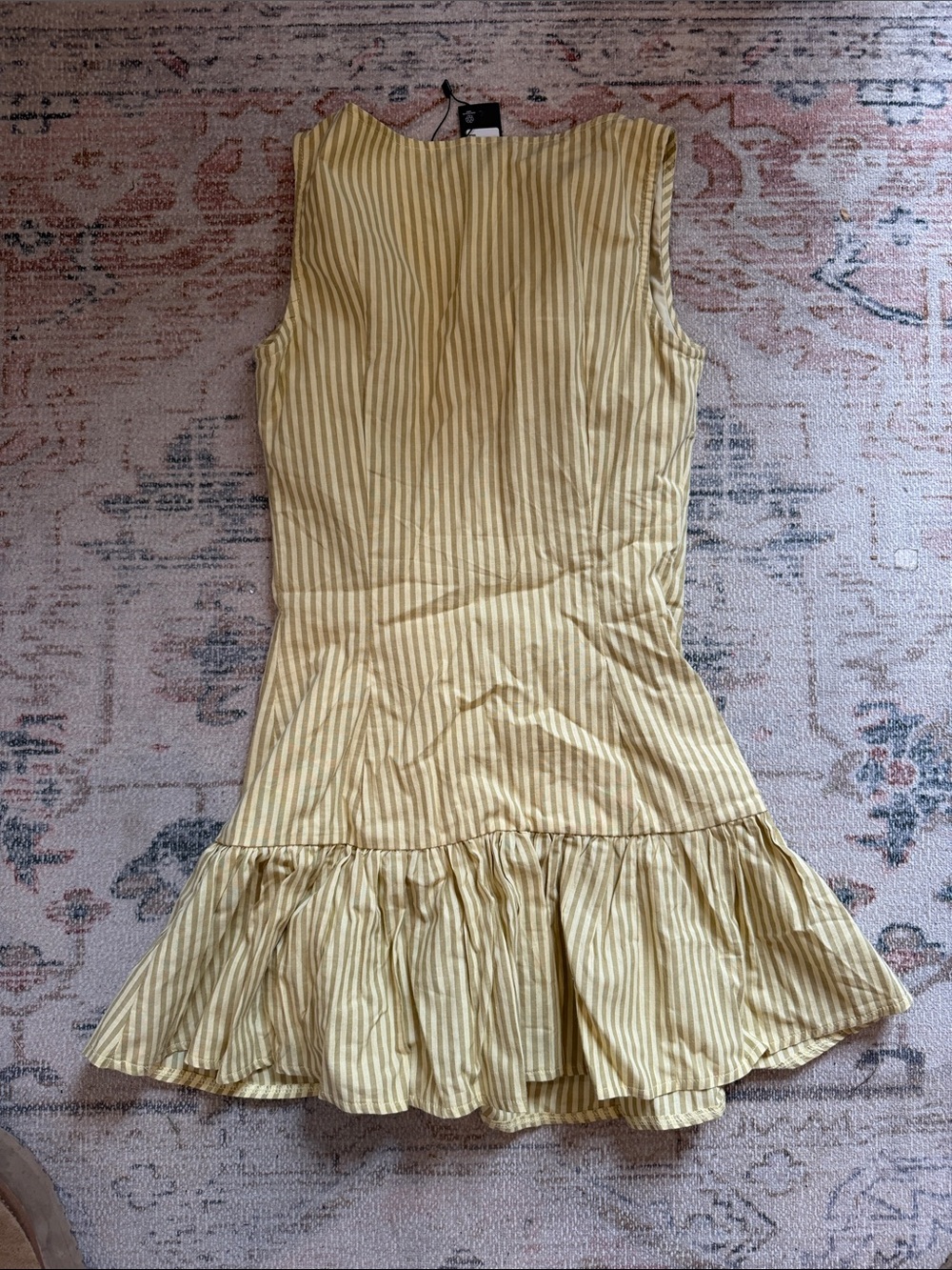 PrettyLittleThing Yellow & Cream Striped Button-Front Ruffle Dress - Picture 2 of 2
